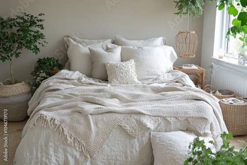 scandinavian bedroom, a peaceful scandinavian bedroom in light whites and greys, softened with gentle fabrics and hints of greenery, offers a calm sanctuary photo