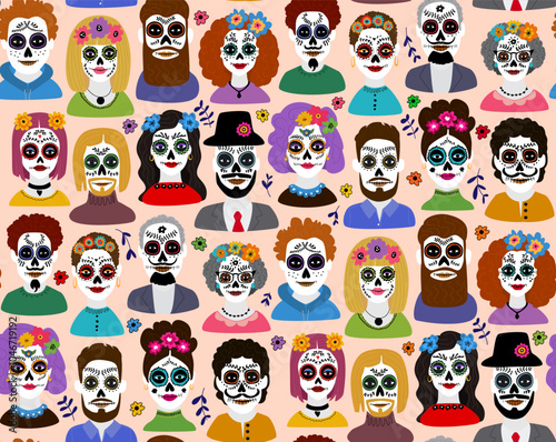 colorful holiday dia de los muertos halloween floral boho calaveras , cartoon friends and family portraits altar seamless pattern, vector illustration repeat design print