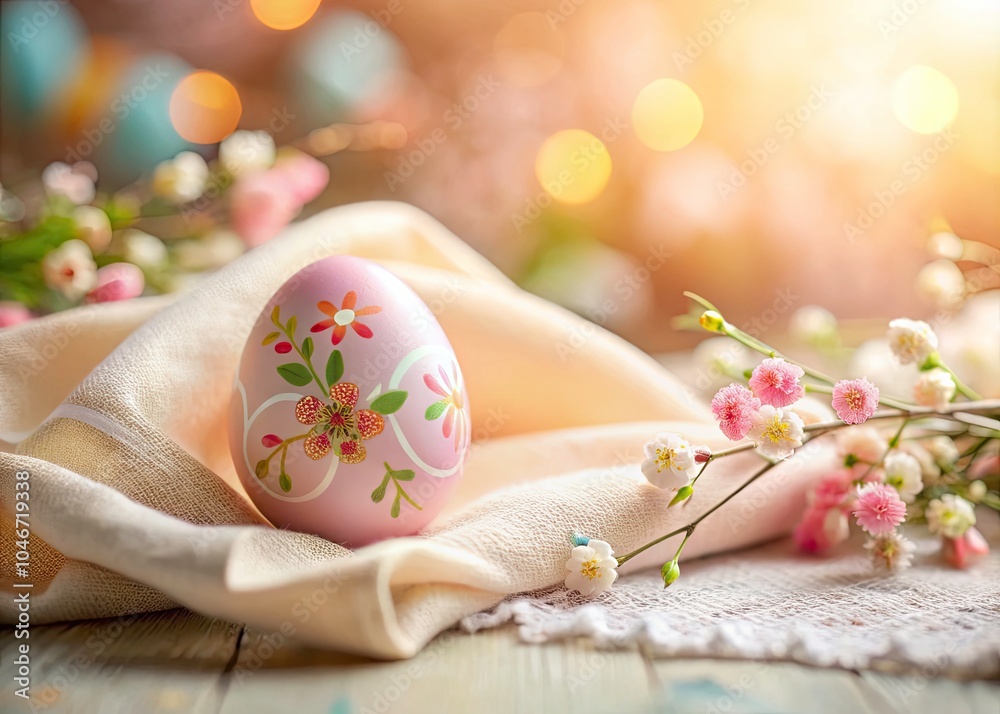 Easter Celebration with a Beautifully Decorated Egg in a Linen Napkin and Room for Text – Perfect for Holiday Greetings and Promotional Materials Easter Celebration with a Beautifully Decorated Egg in a Linen Napkin and Room for Text – Perfect for Holiday Greetings and Promotional Materials