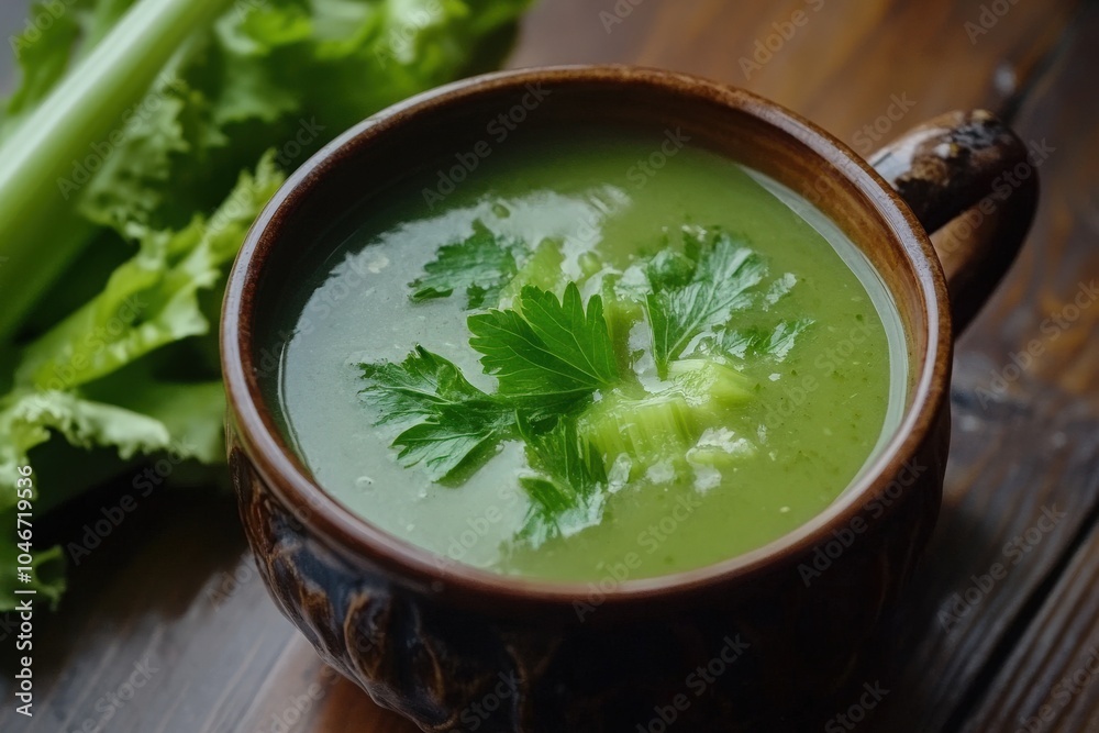 Up High Celery Soup: Close up view of Delicious bowl of Cooked Creamy Celery Soup Up High Celery Soup: Close up view of Delicious bowl of Cooked Creamy Celery Soup