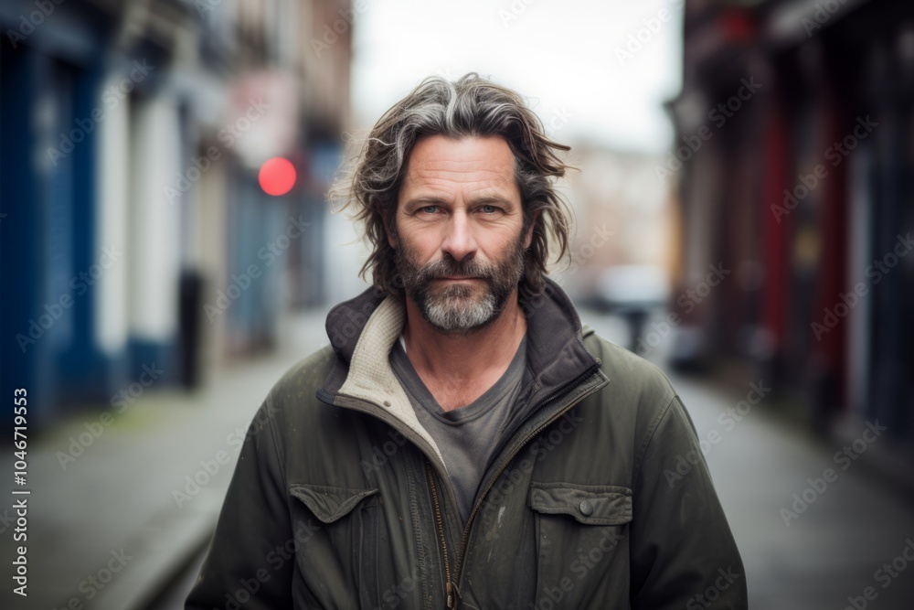 Portrait of a handsome middle-aged man with long gray hair and beard in a urban context.
