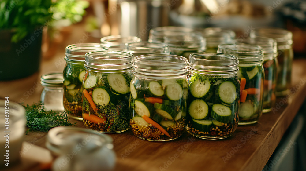 Homemade Pickled Cucumbers in Jars on Wooden Table Homemade Pickled Cucumbers in Jars on Wooden Table
