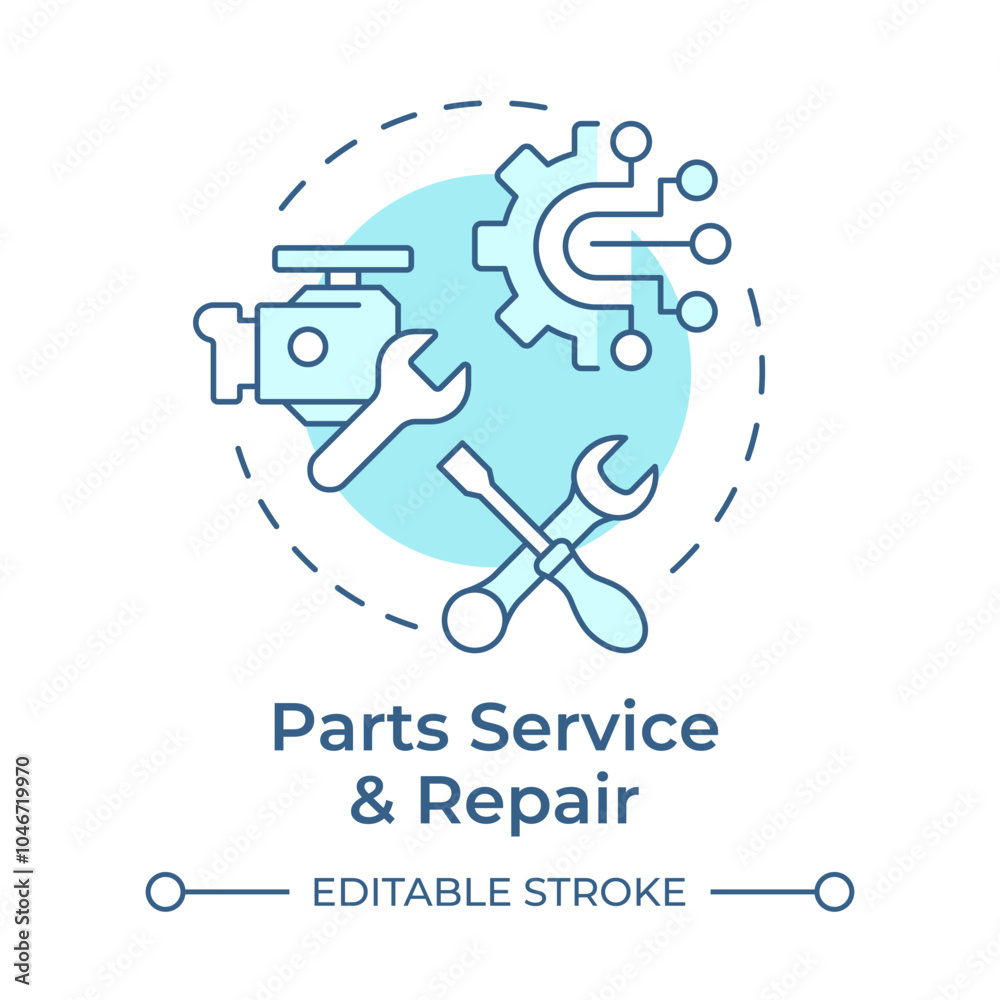 Parts service and repair soft blue concept icon. Reverse engineering usage. Troubleshooting, maintenance. Round shape line illustration. Abstract idea. Graphic design. Easy to use in article Parts service and repair soft blue concept icon. Reverse engineering usage. Troubleshooting, maintenance. Round shape line illustration. Abstract idea. Graphic design. Easy to use in article