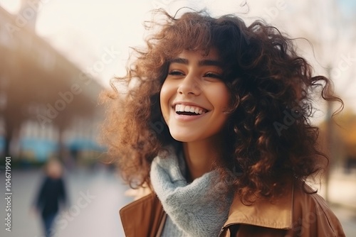 Portrait of a beautiful young woman with curly hair smiling outdoors.