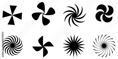 Round swirl, spin, spiral icons. Fan, propeller, pinwheel toy, windmill signs. Flow, vortex, vertigo or tornado symbols isolated on white background. Vector graphic illustration.