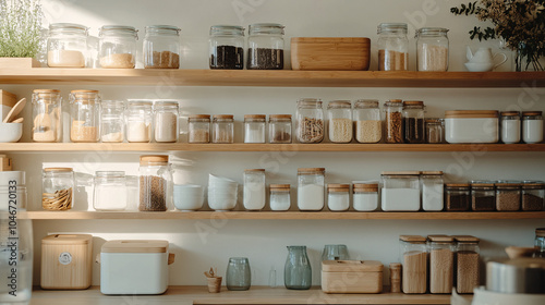 Minimalist Kitchen Pantry with Glass Storage Jars and Wooden Shelves