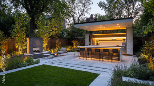 A modern backyard with a sleek outdoor bar area