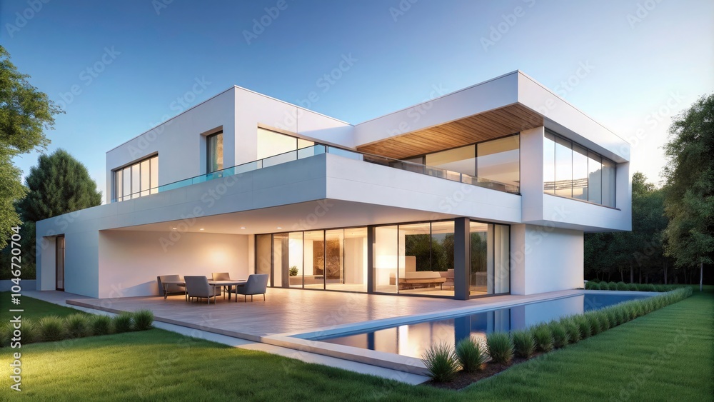 Elegant Minimalist Villa Design Concept - White House Exterior, Modern Architecture, Luxurious Living Spaces, Stylish Facade, Contemporary Home Elegant Minimalist Villa Design Concept - White House Exterior, Modern Architecture, Luxurious Living Spaces, Stylish Facade, Contemporary Home
