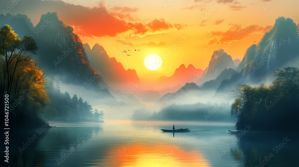 A serene landscape featuring misty mountains, a tranquil river, and a vibrant sunset, creating a picturesque and peaceful atmosphere. A serene landscape featuring misty mountains, a tranquil river, and a vibrant sunset, creating a picturesque and peaceful atmosphere.