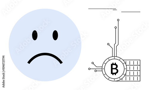 A sad face emoticon next to a blockchain bitcoin logo suggesting sadness or disappointment in cryptocurrency market. Ideal for financial analysis, cryptocurrency news, economic downturns, digital