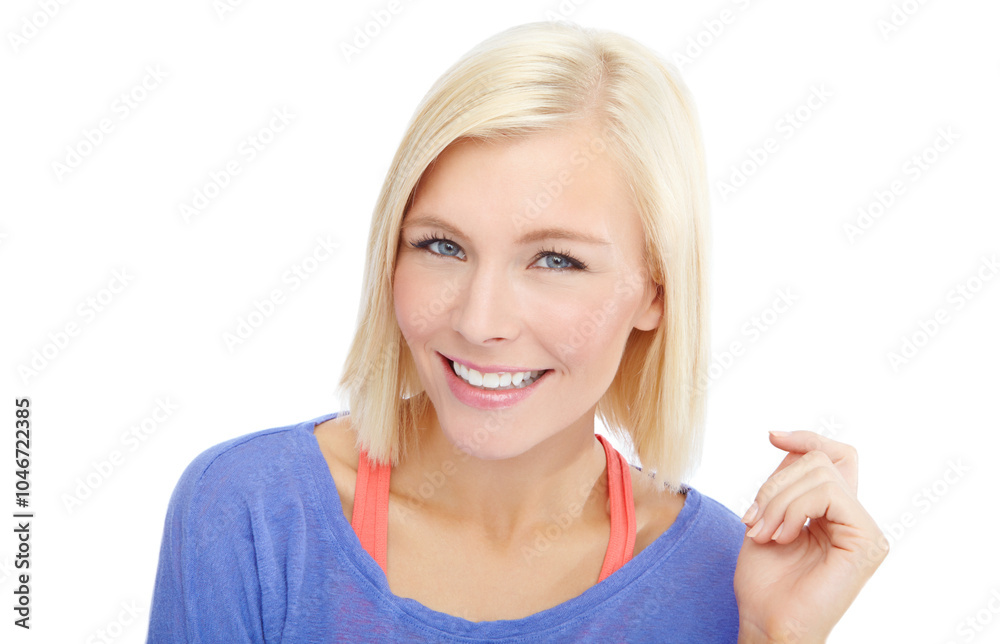 Portrait, blonde and happy woman with beauty, hair care and skin aesthetic on white studio background. Face, smile or model with hairstyle at hairdresser with cosmetic, keratin and natural texture Portrait, blonde and happy woman with beauty, hair care and skin aesthetic on white studio background. Face, smile or model with hairstyle at hairdresser with cosmetic, keratin and natural texture