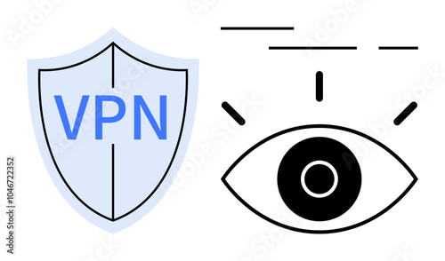 A blue shield with VPN text next to a black and white eye symbol with lines. Ideal for cybersecurity, online privacy, internet safety, data protection, secure browsing. Flat design style
