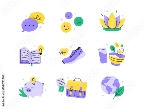 Wellness and self-care icons set.Tips for a healthy and balanced life.Vector flat illustrations isolated on a white background.