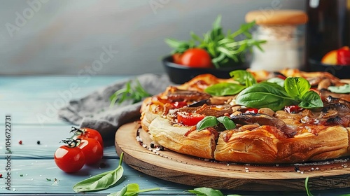A delicious pizza with mushrooms, tomatoes, and basil on a wooden board.