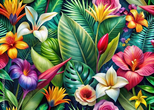 Exotic Tropical Flowers Double Exposure Photography with Orchids, Strelitzia, Hibiscus, Canna, Calla Lily, Palm, and Monstera Leaves Seamless Pattern