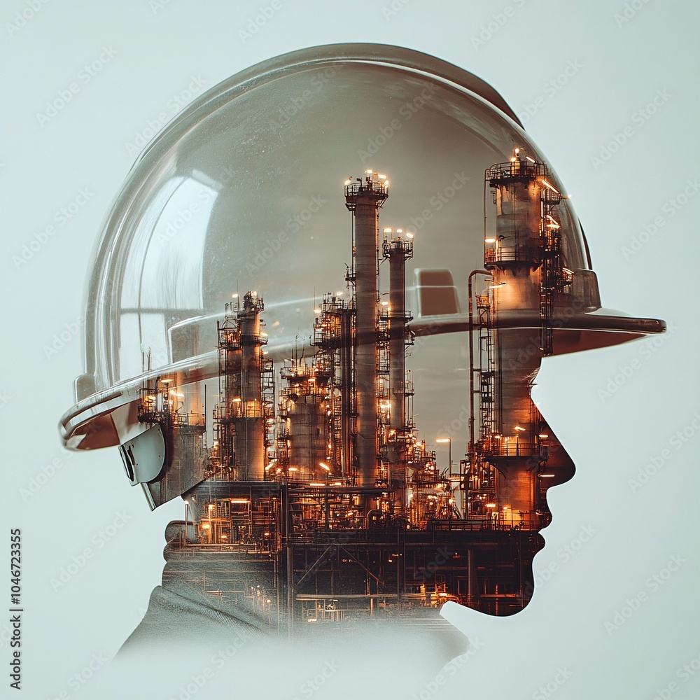 A double exposure image featuring a worker in a safety helmet, with an oil refinery silhouette inside their profile against a light background. A double exposure image featuring a worker in a safety helmet, with an oil refinery silhouette inside their profile against a light background.