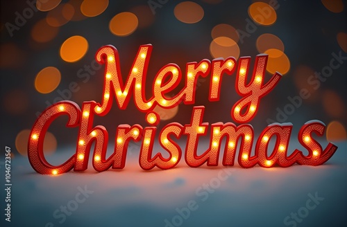 Glowing red merry Christmas letters on festive blurred bokeh lights