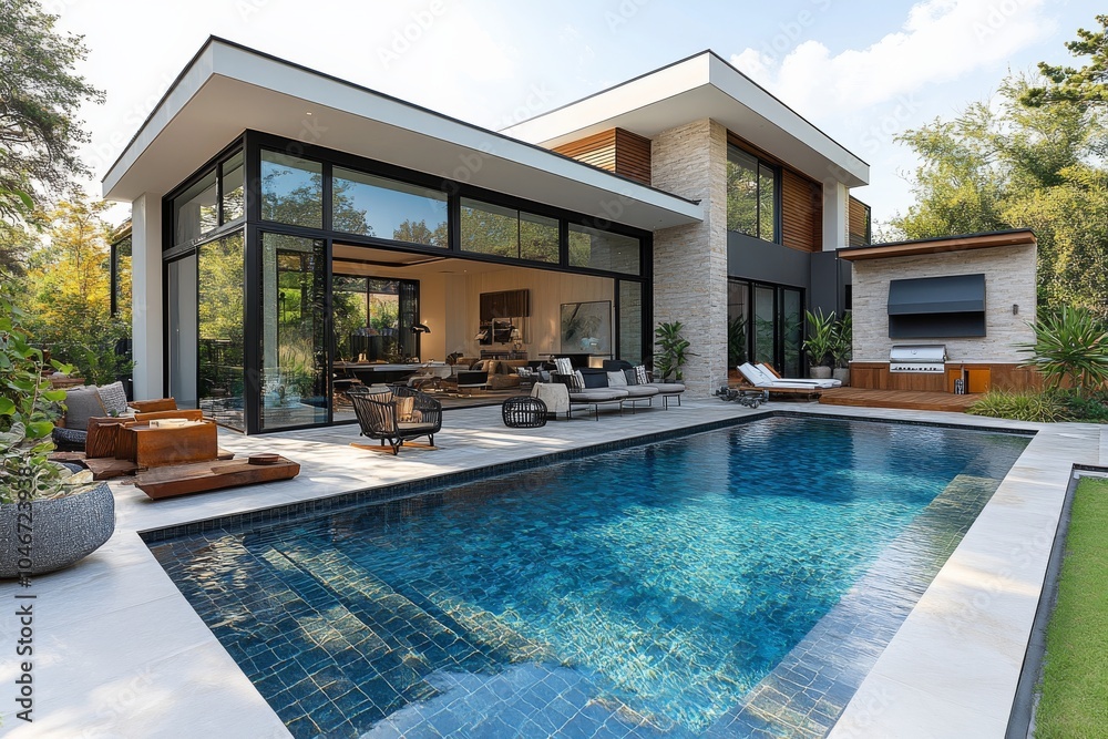 Fototapeta premium A modern residence featuring a luxurious outdoor living space with a sleek tile pool in the backyard. Generative AI