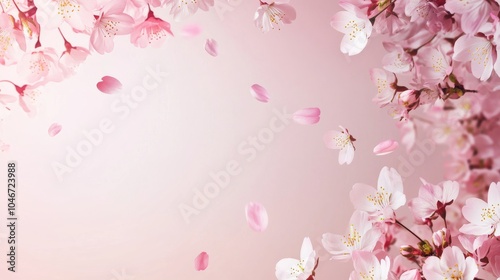 Photo of, Pink background with soft gradient and floating cherry blossoms for design, banner template