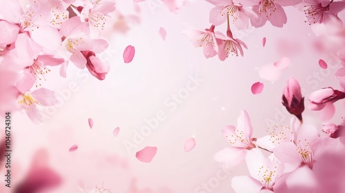 Photo of, Pink background with soft gradient and floating cherry blossoms for design, banner template