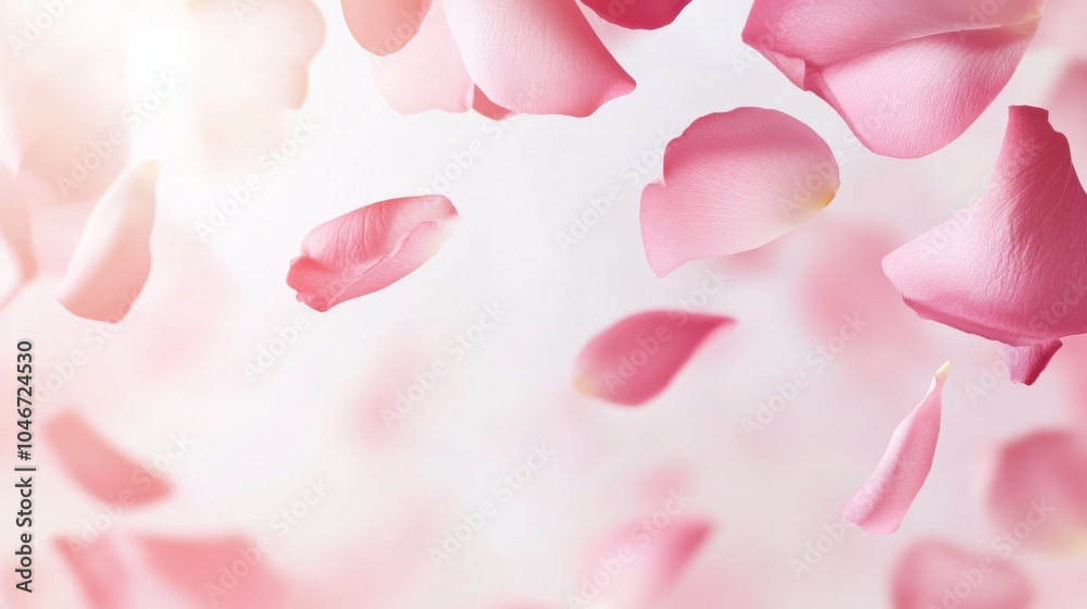 © ArpPSIqee - Photo of, Pink background with soft gradient and floating rose petals for design, banner template