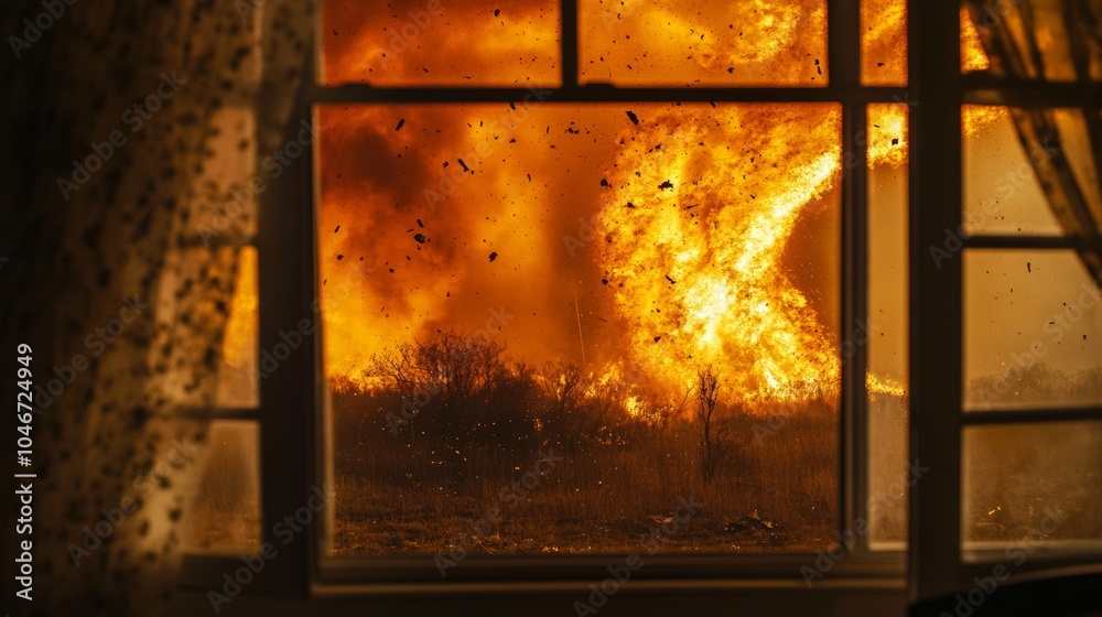 Fototapeta premium cinematic photograph of explosion outside window with forest view, intense flames, smoke, and black ash creating a scene of danger, heat, and destruction, seen from inside a house
