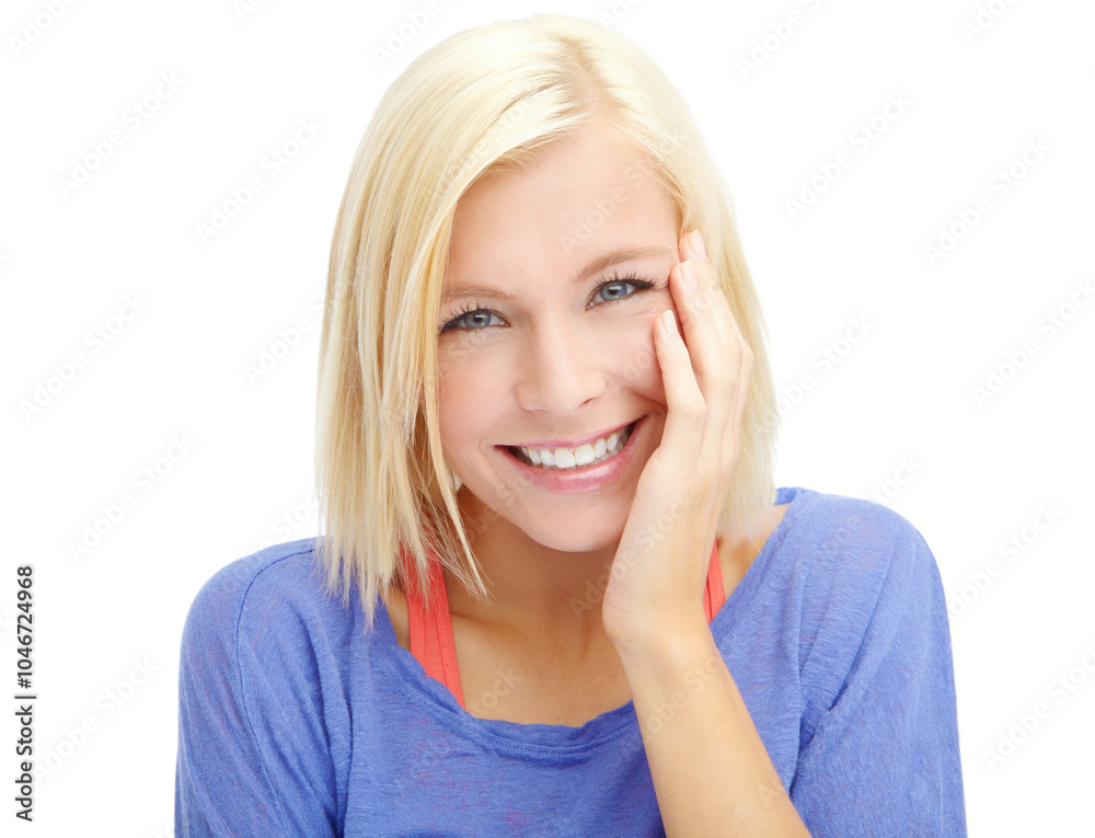 Portrait, skincare and happy woman with natural beauty, glow and blonde hairstyle on white studio background. Smile, model and touch face for cosmetics, facial treatment and dermatology for aesthetic Portrait, skincare and happy woman with natural beauty, glow and blonde hairstyle on white studio background. Smile, model and touch face for cosmetics, facial treatment and dermatology for aesthetic