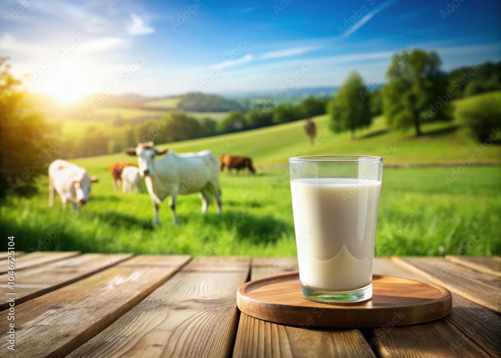 Fresh Cow Milk in Glass on Wooden Tabletop with Blurred Cow on Meadow for Healthy Eating and International Milk Day Celebration Fresh Cow Milk in Glass on Wooden Tabletop with Blurred Cow on Meadow for Healthy Eating and International Milk Day Celebration