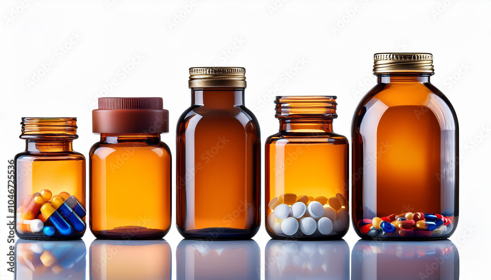 Medicine pills glass bottle collection isolated on white background. Medicine pills glass bottle collection isolated on white background.