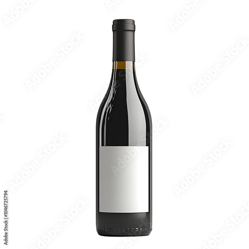 A sleek wine bottle with a blank label, featuring a dark glass and sealed with a black cap, isolated on a white background 