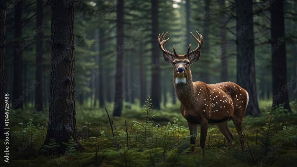 A spotted deer with large antlers stands in a dense forest, staring directly at the camera. A spotted deer with large antlers stands in a dense forest, staring directly at the camera.