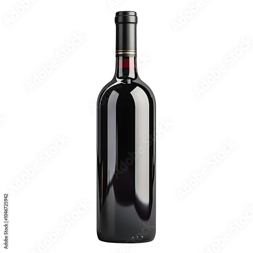 A sleek dark wine bottle with a minimalist design, featuring a sealed black cap and no visible label, isolated on a white background
