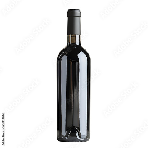 A sleek dark wine bottle with a minimalist design, featuring a sealed black cap and no visible label, isolated on a white background