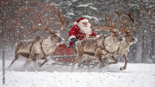 Santa in a sleigh with reindeer in snow. photo