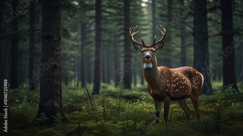 A spotted deer with large antlers stands in a dense forest, staring directly at the camera.