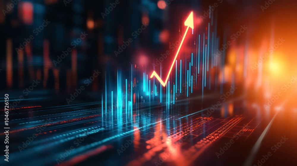 Abstract glowing graph with upward trend line, symbolizing growth, success, and prosperity in a digital business environment. Abstract glowing graph with upward trend line, symbolizing growth, success, and prosperity in a digital business environment.