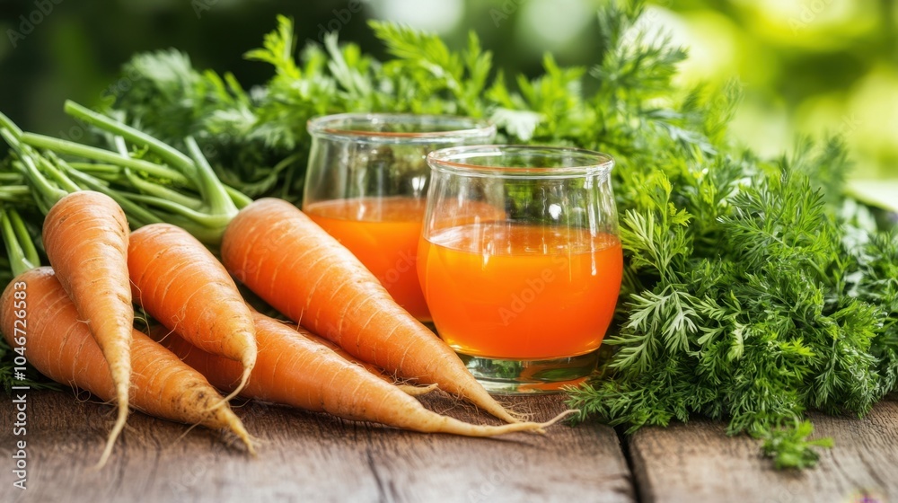 Fresh carrot juice with raw carrots green leaves on wooden table Fresh carrot juice with raw carrots green leaves on wooden table