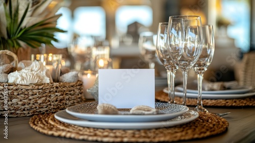 Coastal dining room with a blank place card.