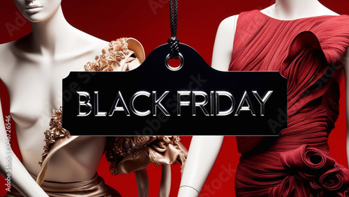 Exquisite high-fashion photography featuring a sleek black tag with bold, metallic silver lettering that spells out Black Friday against a vibrant, fire engine red background photo