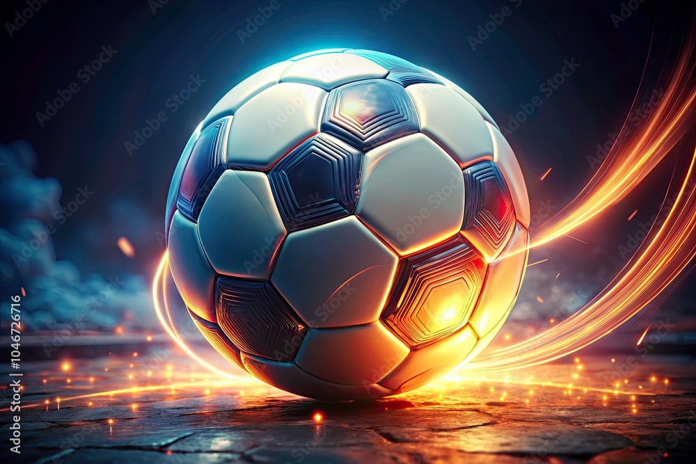 Naklejka premium Futuristic White Soccer Ball with Neon Burn Details in Vintage Style Photography, Sport Equipment, Neon Aesthetics, Retro Vibes, Futuristic Design, Soccer Gear, Artistic Presentation, Dynamic Lighting