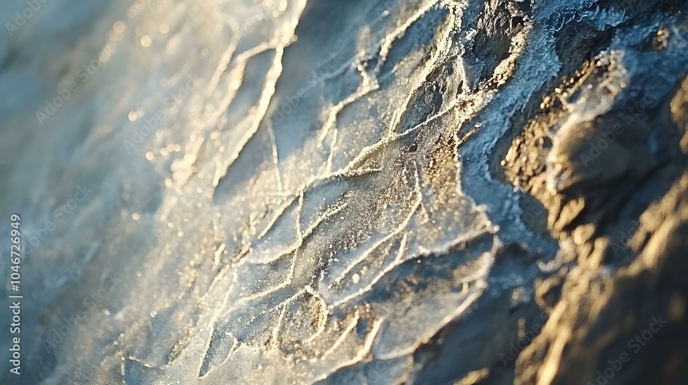 Obraz premium Close-up of textured rock surface with intricate patterns, capturing nature's geological details in warm, golden sunlight.