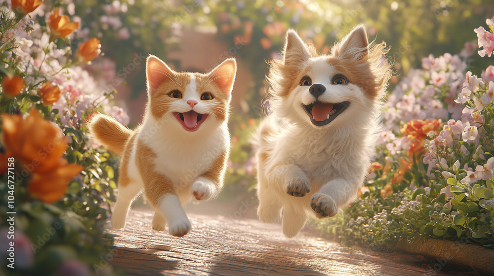 A dog and cat running side by side happy smiles on their faces A dog and cat running side by side happy smiles on their faces