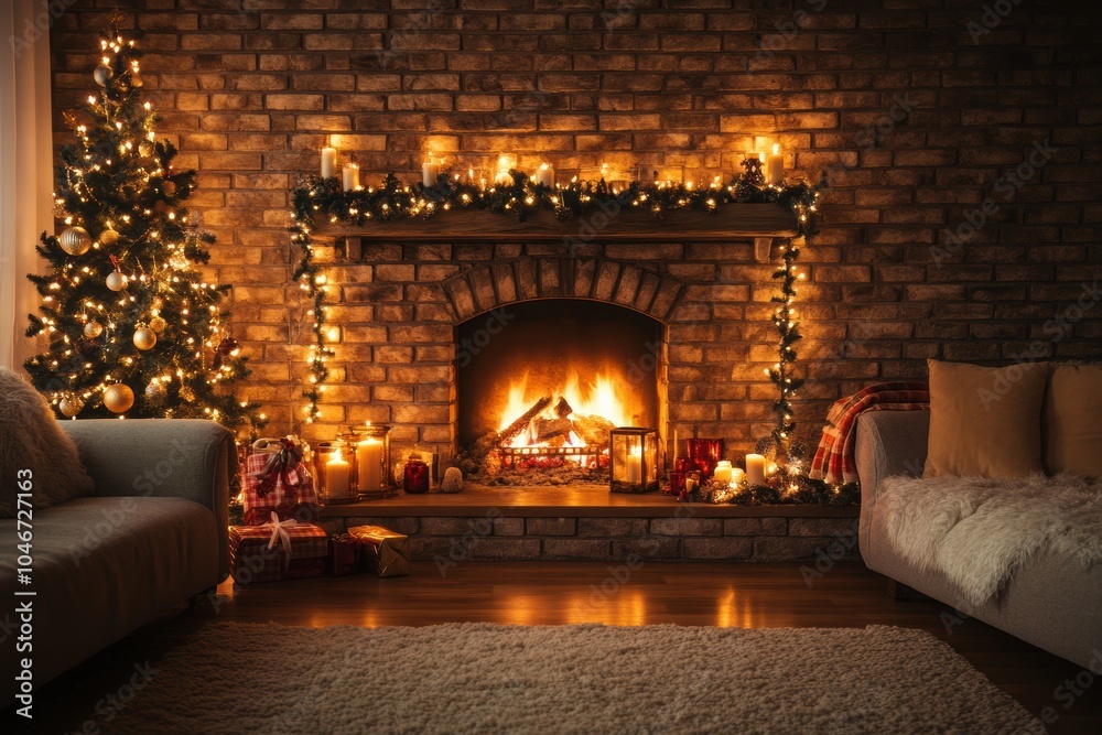 holiday home decor, cozy living room with fireplace, fairy lights, and seasonal decorations for a festive ambiance holiday home decor, cozy living room with fireplace, fairy lights, and seasonal decorations for a festive ambiance
