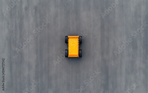 Aerial view of a yellow construction vehicle on a gray surface.