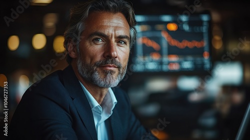 A confident businessman in a suit looks directly at the camera, with a chart on a screen in the background.