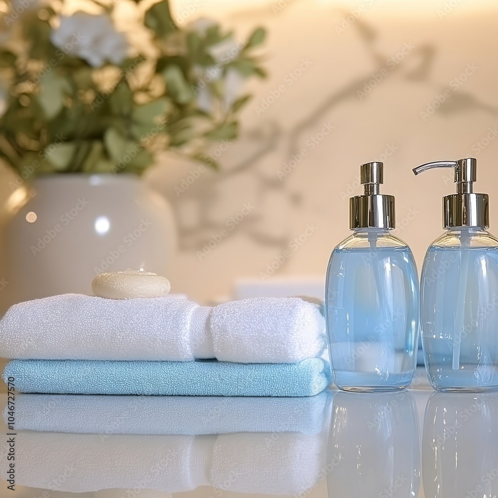Modern Bathroom Interior Design Details with Towels, Round Soap, Green Plant ,and Soap Dispensers, Modern Bathroom Interior Design Details with Towels, Round Soap, Green Plant ,and Soap Dispensers,