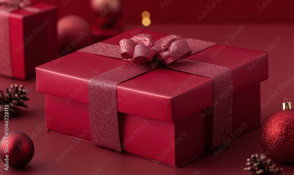 Festive Red Gift Boxes with Ribbons and Glittering Details Festive Red Gift Boxes with Ribbons and Glittering Details