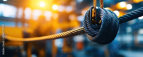 Close-up of a rope knot in an industrial setting with blurred background and warm light. photo