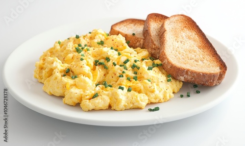 scrambled eggs with toasted slices of bread on a white plate photo