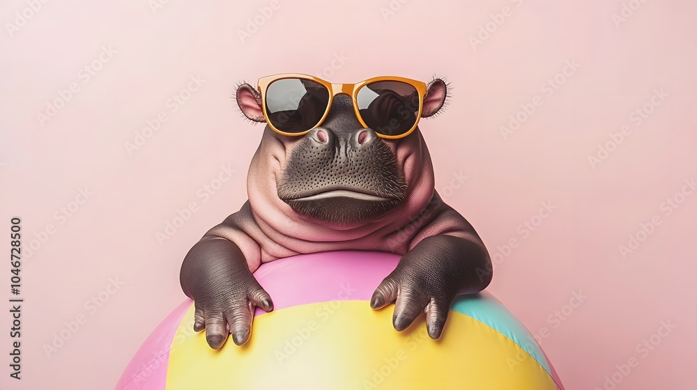 A playful hippo wearing sunglasses relaxes on a colorful beach ball against a pastel background, embodying a fun summer vibe.